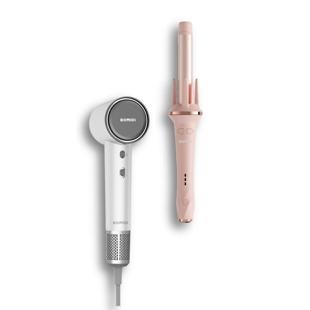 Combo: Rizador Automático de Cabello HC02 Rosado + Secadora Supersónica de Cabello HD04 Blanca