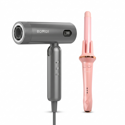 Secadora de Cabello Plegable HD08 + Rizador Automático Rosado HC02 Bomidi