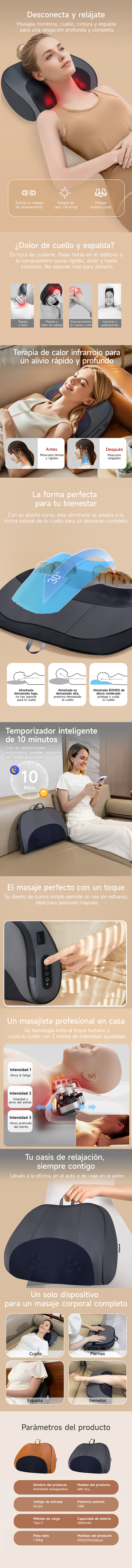 Almohada Masajeadora Inalámbrica Bomidi MP1 PRO | 3D Recargáble | Cuello | Espalda | Lumbar| Piernas| Muslos